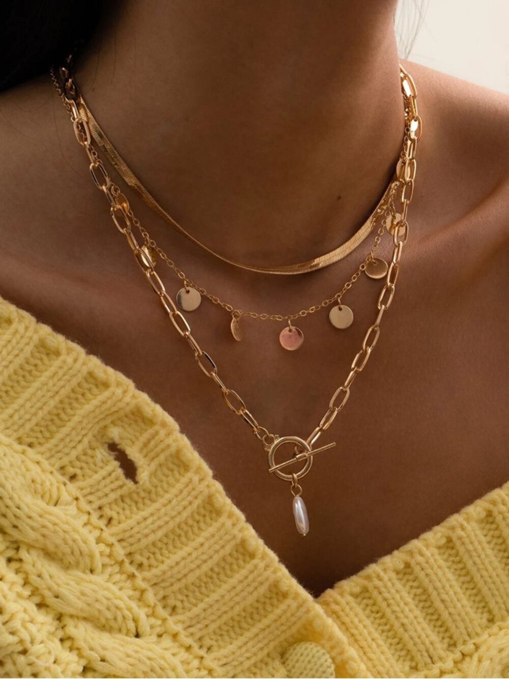 NWT Gold Tone Layered Necklace Set with Toggle Clasp & Faux Pearl Drop